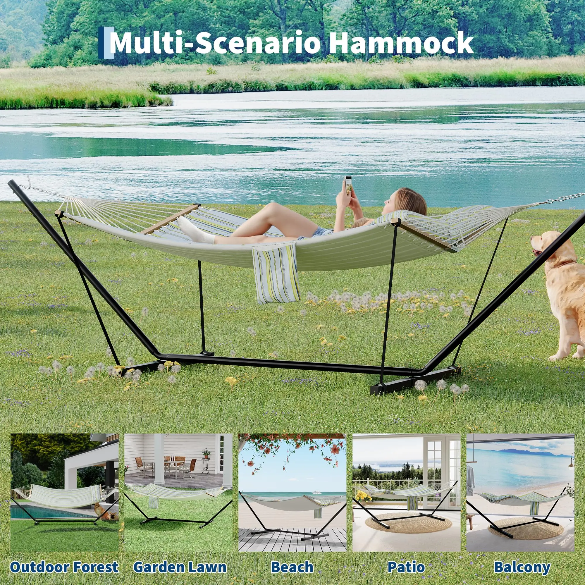 Garvee 12FT Double Hammock with Stand, Heavy Duty 450lbs Capacity - Outdoor Patio & Garden Lounger - Weather-Resistant Cotton-Polyester Fabric, Hardwood Spreader Bar, Carry Bag - Perfect for Backyard, Camping, Beach