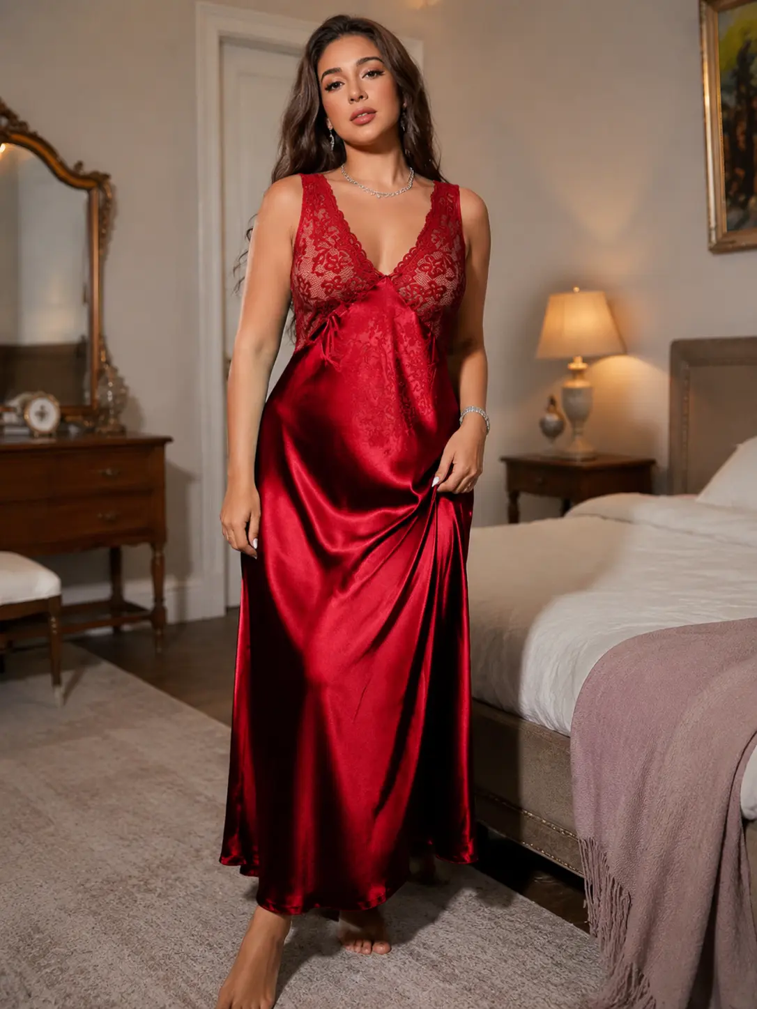 Women's Plus Size Sleeveless Satin Nightgown with Elegant Floral Lace, Breathable 1 Piece Sleep Clothes, Smooth Drapey Fabric, Woven, Nightwear, Lacy, V-Neck