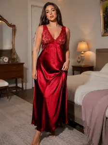 Women's Plus-Size Lace Patchwork Satin Nightgown, Red Womenswear with Satin Fabric Floral Piece