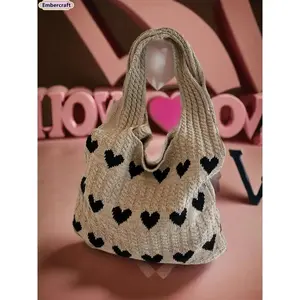 Heart Pattern Crochet Tote Bag for Women, Summer Beach Knitted Bag, Large Handmade Shoulder Bag, Lightweight Trendy Tote for Vacation, Travel & Daily Wear