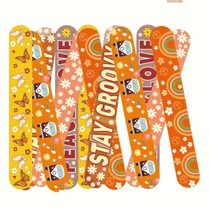 12pcs Groovy Hippie Boho Slap Bracelets, Retro Slap Wristbands for Kids, Rainbow Butterfly Daisy Snap Bracelets, Birthday Party Favors