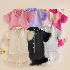 REDWOON Toddler Silk Pajamas Baby Kids Girl Satin Summer Pjs Feather Pajamas Short Sleeve Sleepwear Nightgown Shorts Set