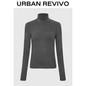 URBAN REVIVO Women's High-Neck Long-Sleeve T-Shirt - Basic Formal Minimalist Turtleneck Top, Comfortable Elegant Essential 1-Piece Tshirt, UWB450070