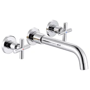 WOWOW Brass 8" Double Handle Wall Mounted Bathroom Faucet with Brass Rough-in Valve, 2-Aerators and Flange in Polished Chrome