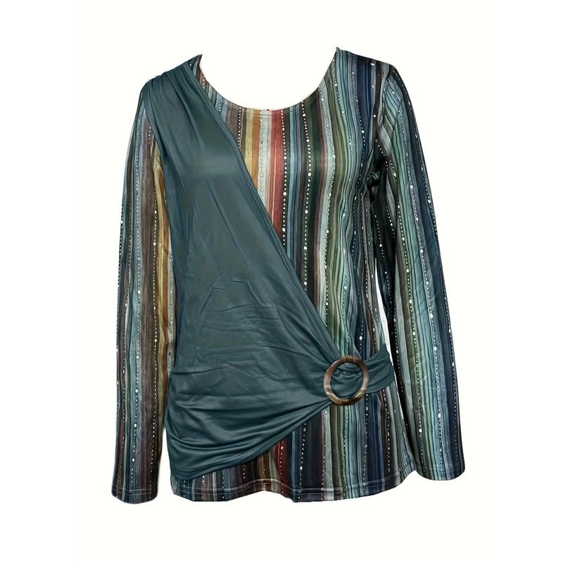 Women's Casual Long Sleeve Round Neck Top - All-Over Vertical Stripes & Circular Print, Olive Green with Brown/Beige/Teal Accents, Womenswear Blouse