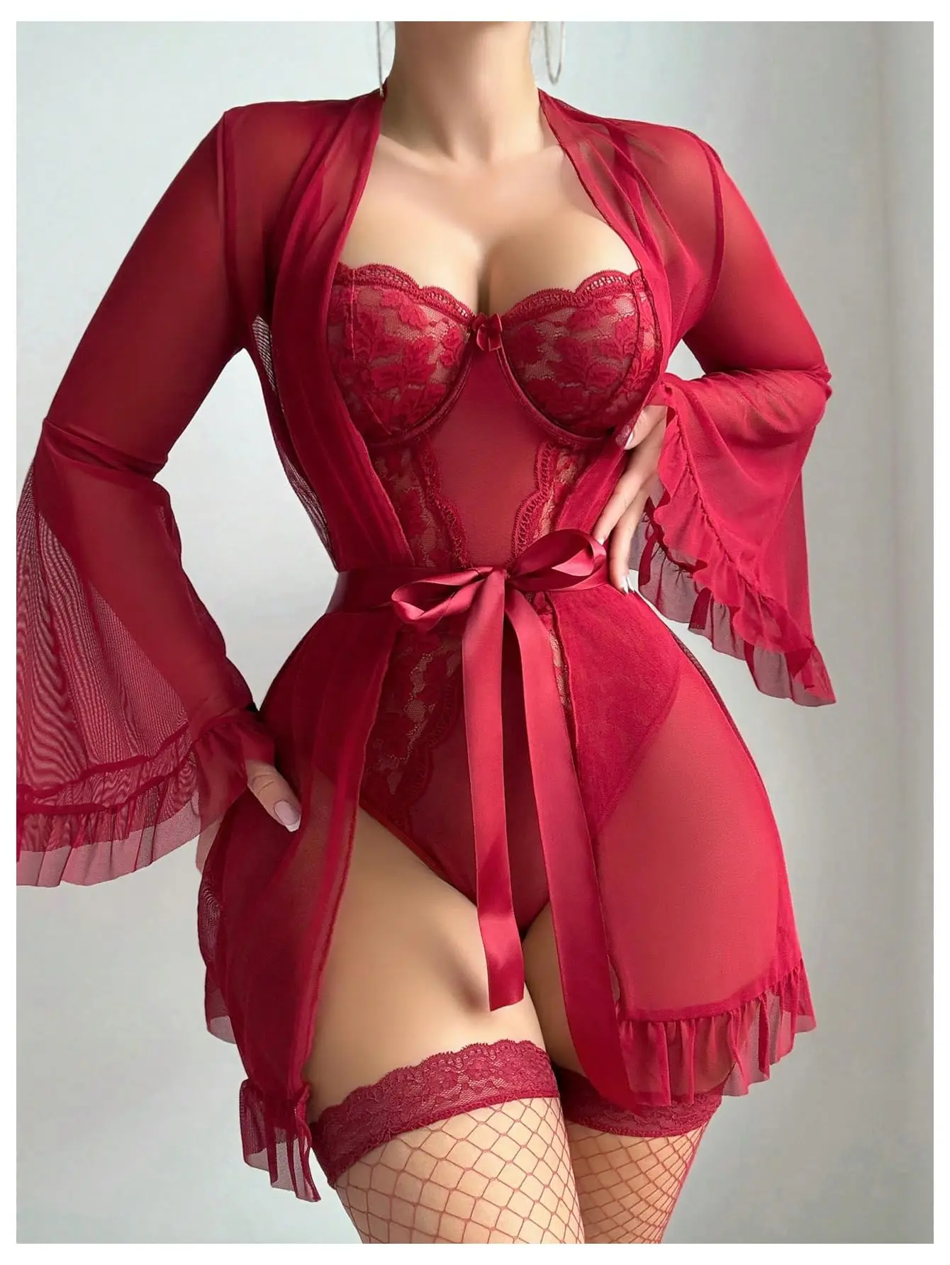 Women's 5 Piece Lingerie Set with Floral Lace Robe, Strappy Teddy Bodysuit, and Bridal Fishnet Stockings for Valentine's Day, Straps, Long Sleeve, Fabric, Elegant, Love Gift, Valentines Day, Robe Outfit