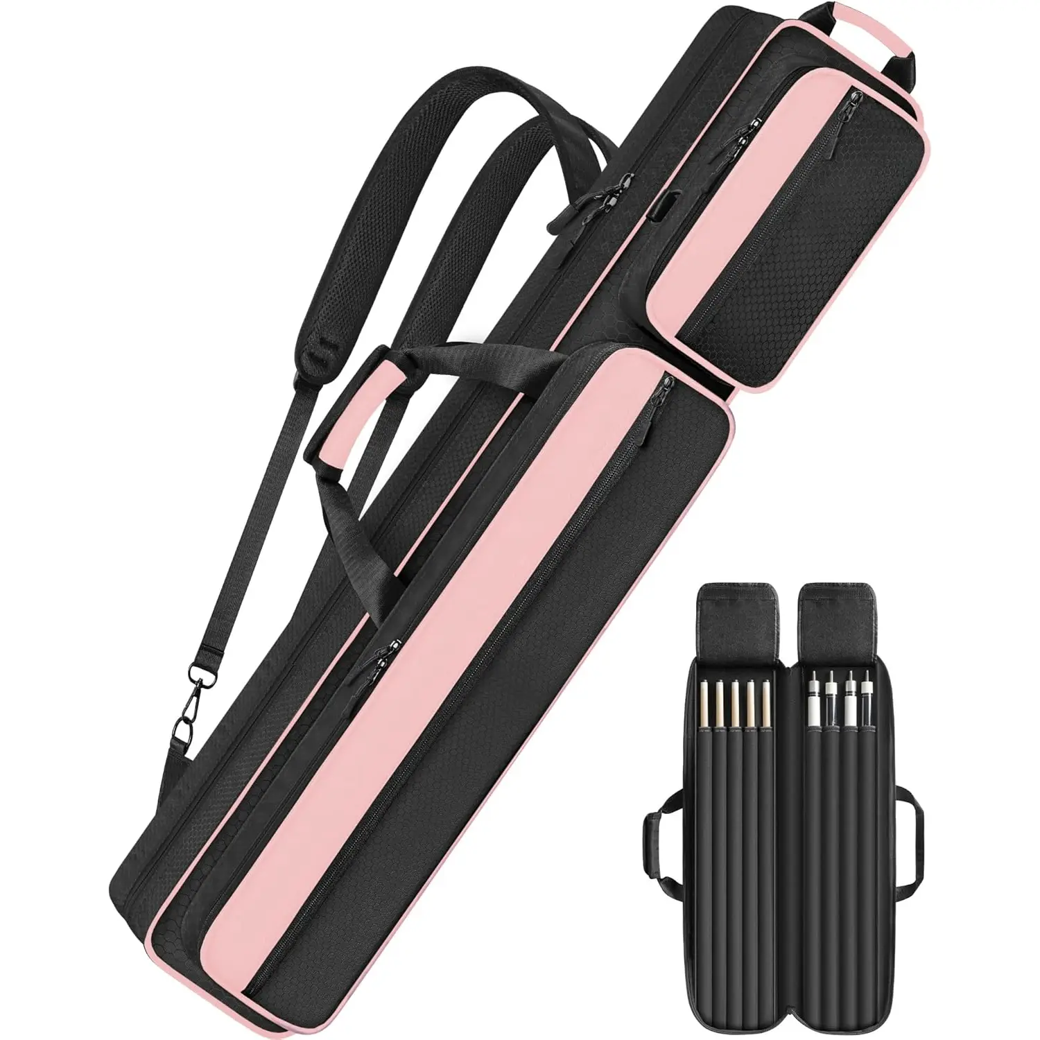 Pool Cue Case, Pool Stick Case 4x5 with Multiple Pockets Holds 4 Butts 5 Shafts, Soft Padded Sturdy Pool Cue Bag, Billiard Cue Backpack with Adjustable  Straps for Men and Women
