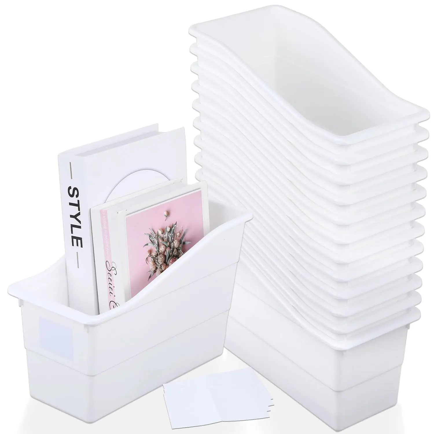 12 Pack Large Book Bins, Durable Magazine Organizer File Holder High-Quality Plastic Book Storage Bins with Labels for Classroom Library, Office, Desktop Organization, Bookshelf Categorization
