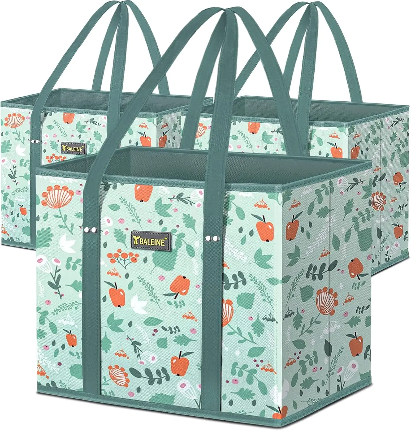BALEINE 3Pk Reable Grocery Bags, Foldable Shopping Bags for Groceries with Reinforced Bottom & Handles (Spring Stroll)