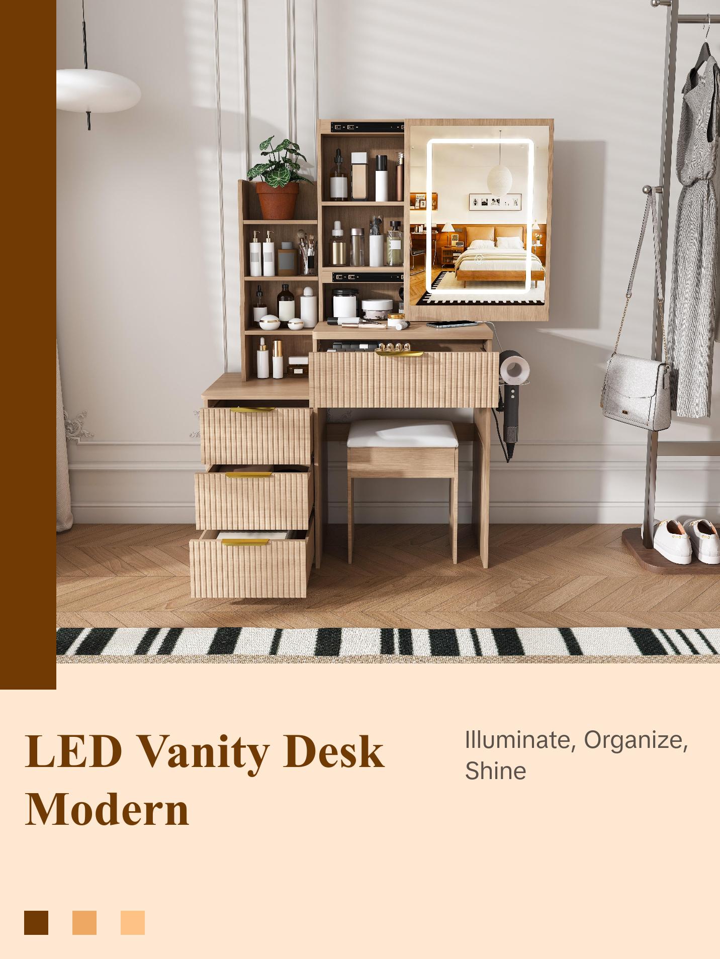Modern Vanity Desk with LED Lighting 3 Modes & Adjustable Brightness, Makeup Table with 4 Drawers & Storage Shelves, Built-in Power Outlet & Hair Dryer Holder, Easy Assembly