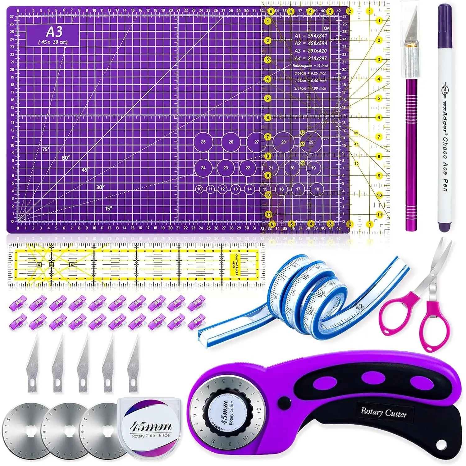 Sewing Quilting Tool Kit - 45mm Rotary Fabric Cutters, A3 Self-Cut Mat, Rulers, Exacto Knife, Clips, Multiple Pieces DIY Crafting Supplies for Beginners