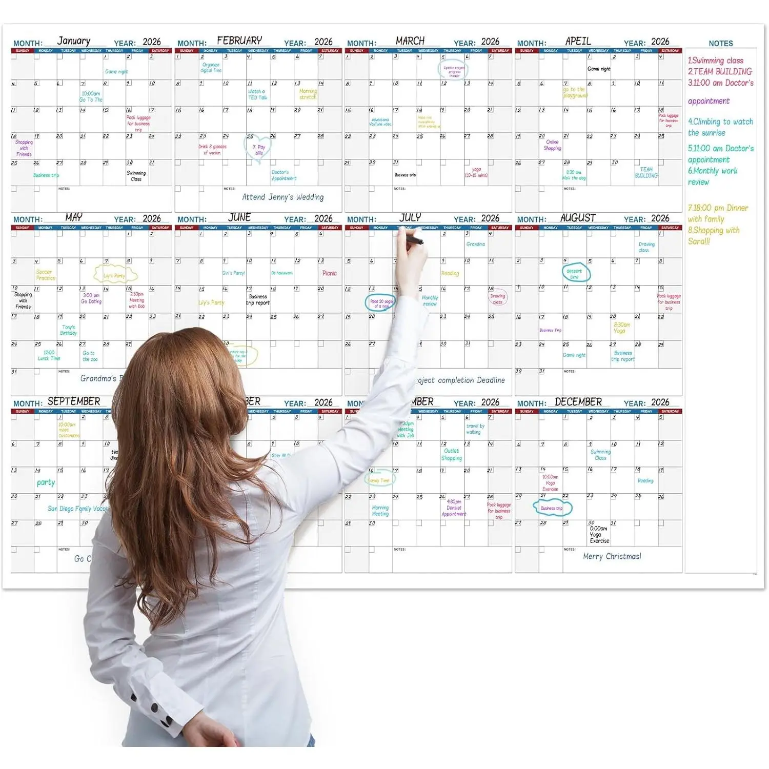 Large Dry Erase Calendar for Wall, Yearly Wall Calendar Dry Erase, 37" x 58", 12-Month Undated Blank Calendar Planner, Erasable &  Laminated Wall Calendar, Dry Erase Wall Calendar with 15 Round Stickers,  for Office, Classroom,