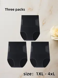 Three-Pack High-Waisted Shapewear Panties, Skin Tone, Plus Size Postpartum Belly Control, Casual Plain Design