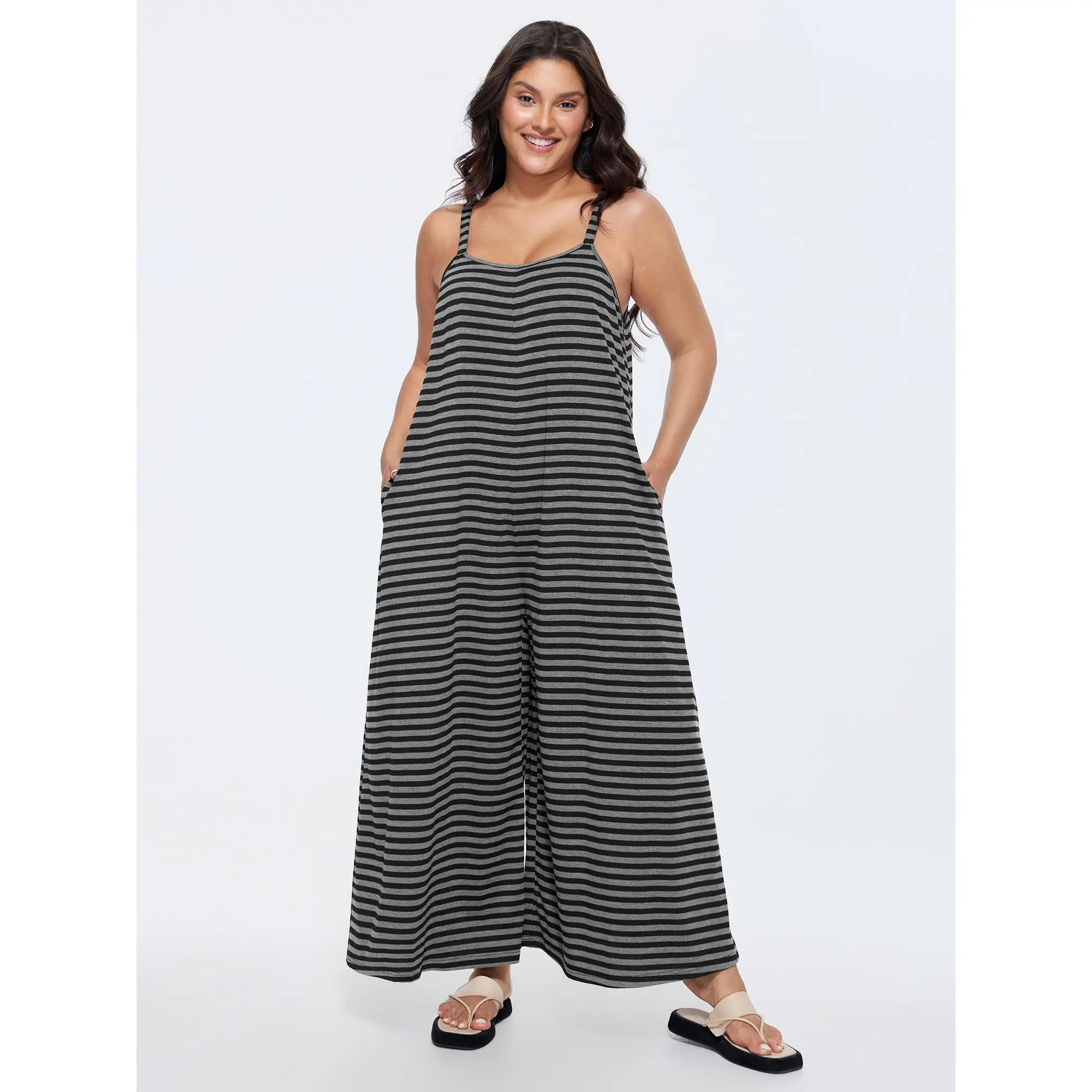 BloomChic Women's Plus Size Striped Spandex Cami Overalls - Sleeveless, Breathable, Low-Iron Simple Fabric Loungewear with Pockets for Everyday Summer Jumpsuits, Polyester
