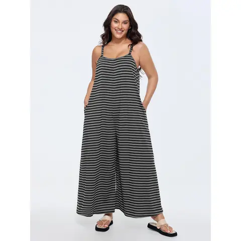 BloomChic Striped Print Relaxed-Fit Cami Jumpsuit 【M-6XL】