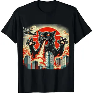 Casual Cotton shortsleeve funny graphic tees Catzilla Cat Japanese Art Funny Cat Gifts For Men Women Kids T-Shirt 0714D 818