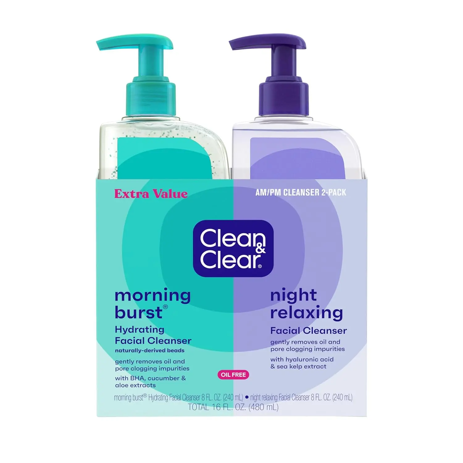 Clean & Clear Morning Burst Day & Night Facial Cleanser, 2 x 8 fl oz | Hydrating, Refreshing, Deep Cleansing Face Wash, Oil-Free Daily Facial Cleanser