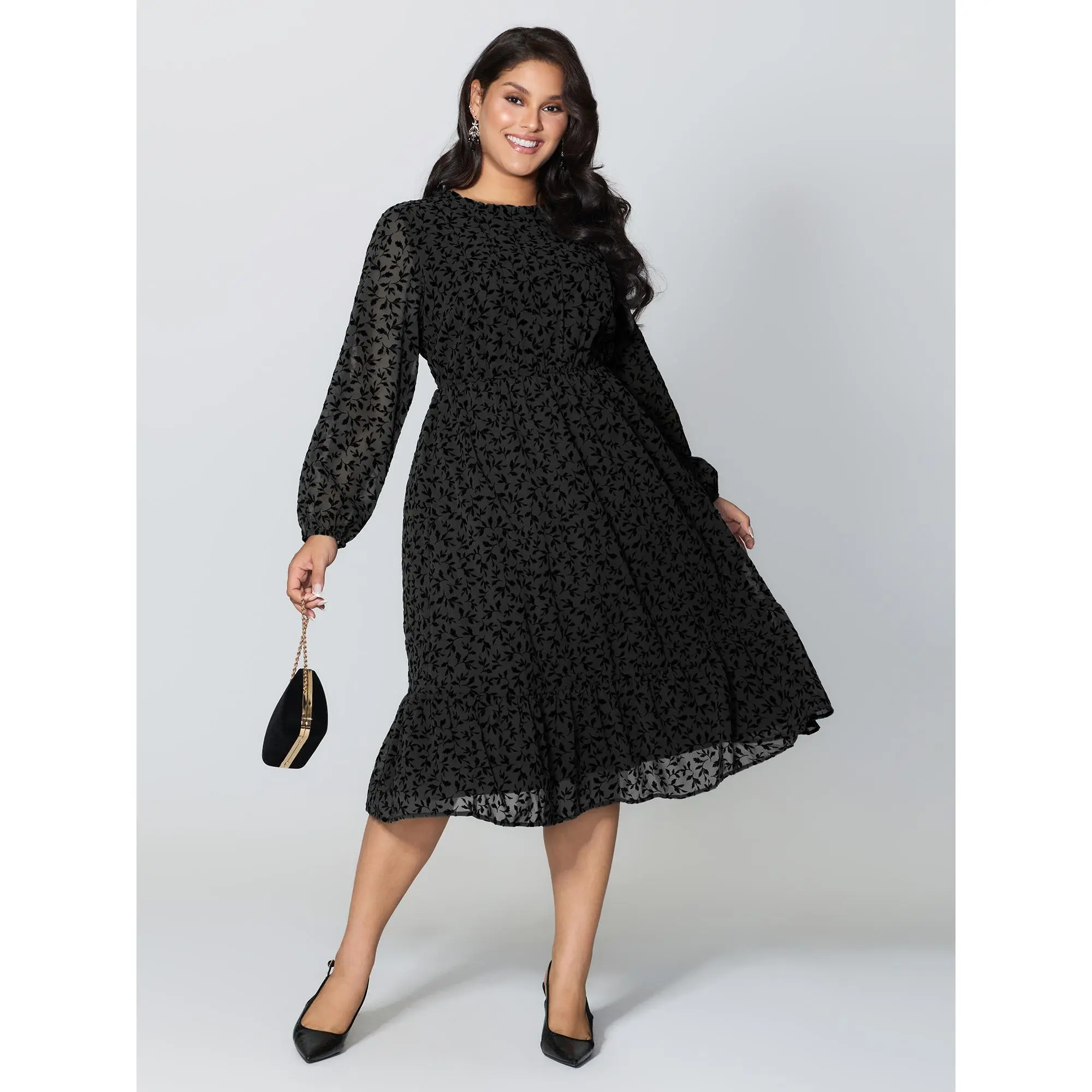 BloomChic Plus Size Simple Midi Dress with a Timeless Leaf Pattern, Lace Collar, Long Sleeves and Side Pocket, Everyday, Comfy, Breathable, Fit, Ruched, Smooth, Polyester, Fabric, Casual, Curvy Dresses Plus Size, Classic, Regular