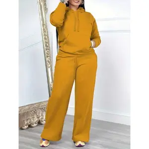 Solid Color Casual Set, Long Sleeve Hooded Drawstring Sweatshirt and Straight-Leg Pants, Women's Clothing