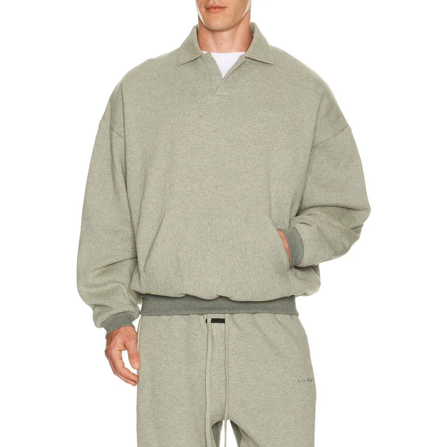 Fear of God ESSENTIALS Signature 90's Polo Sweatshirt in Concrete Heather & Dark Concrete Heather