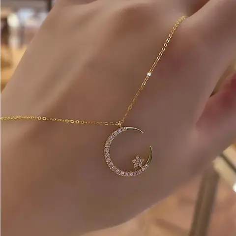 Star Moon Necklace for Women: Super Sparkly, Delicate Zircon Stone Collarbone Chain