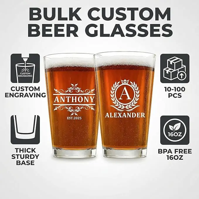 Custom 16 oz Classic Stylish Printed Beer Highball Glass - Personalized Bulk Durable Stackable Thick-Walled Transparent Glassware for Restaurants, Home