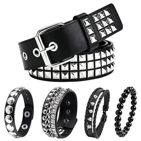 Punk Studded Belt & Bracelet Set, 1 Black Adjustable PU Pyramid Rivet Belt & 4 Spiked Cuff Bracelets, Unisex Goth Y2K Emo Grunge Hip Hop Street Accessories for Concert, Cosplay, Halloween & Daily Outfit
