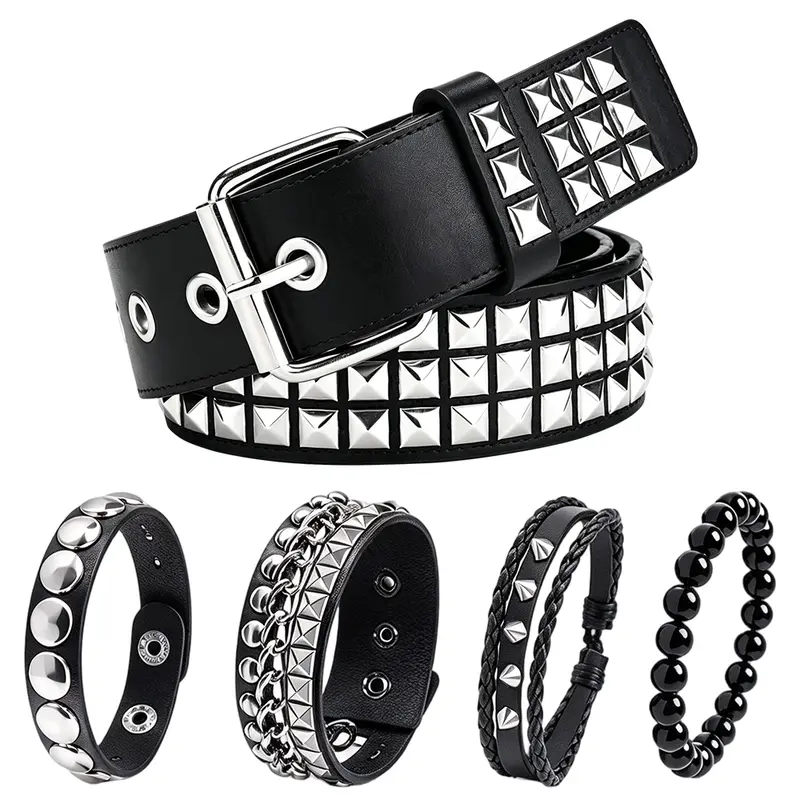 Punk Studded Belt & Bracelet Set, 1 Black Adjustable PU Pyramid Rivet Belt & 4 Spiked Cuff Bracelets, Unisex Goth Y2K Emo Grunge Hip Hop Street Accessories for Concert, Cosplay, Halloween & Daily Outfit