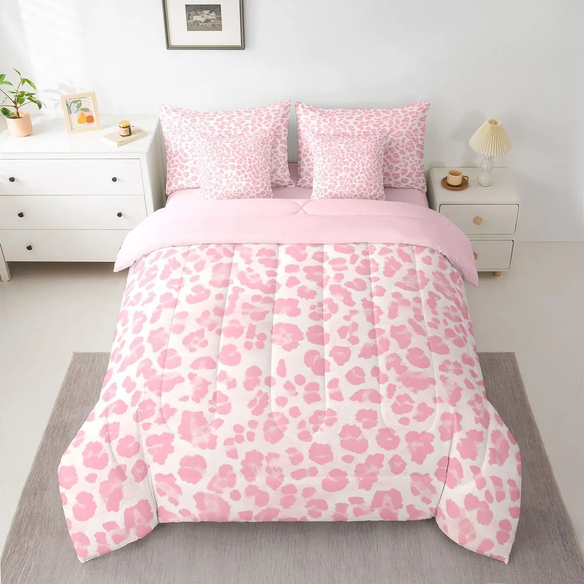 Pink Leopard Comforter Set with Sheets Cheetah 7 Pieces Bedding Set Animal Print Bed in a Bag Leopard Fur Print Room Decor Safari Soft Lightweight Microfiber