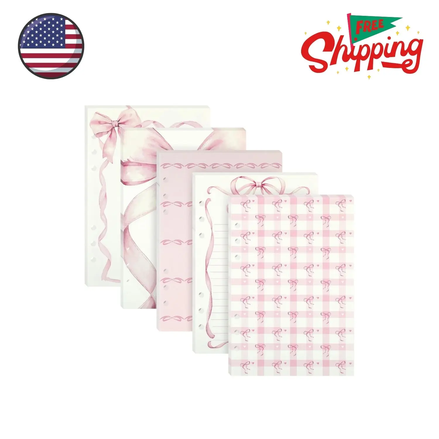 100 Sheets Pink Bow A5 Refills Paper for Planner Inserts Binder, Thick 6 Hole Notebook Refill, 120GSM