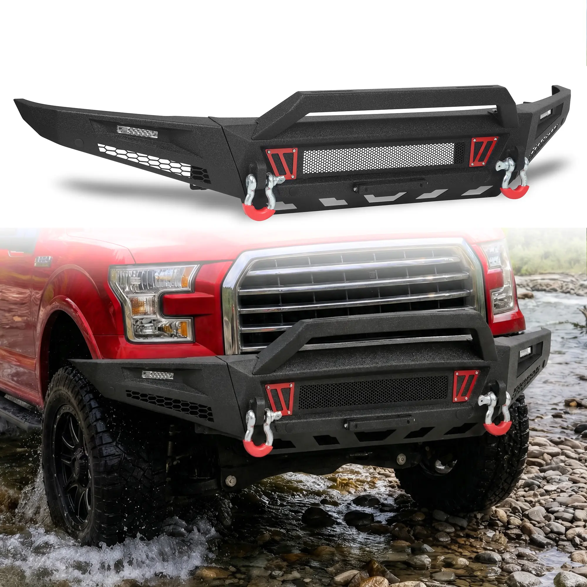 MONOKING Front Bumper for 2015-2017 Ford F-150, Excludes Raptor and EcoBoost, 11-Gauge Steel Full-Width Bumper with Dual 18W LED Pods, D-Rings, Sensor Holes and Light Bar Mounts