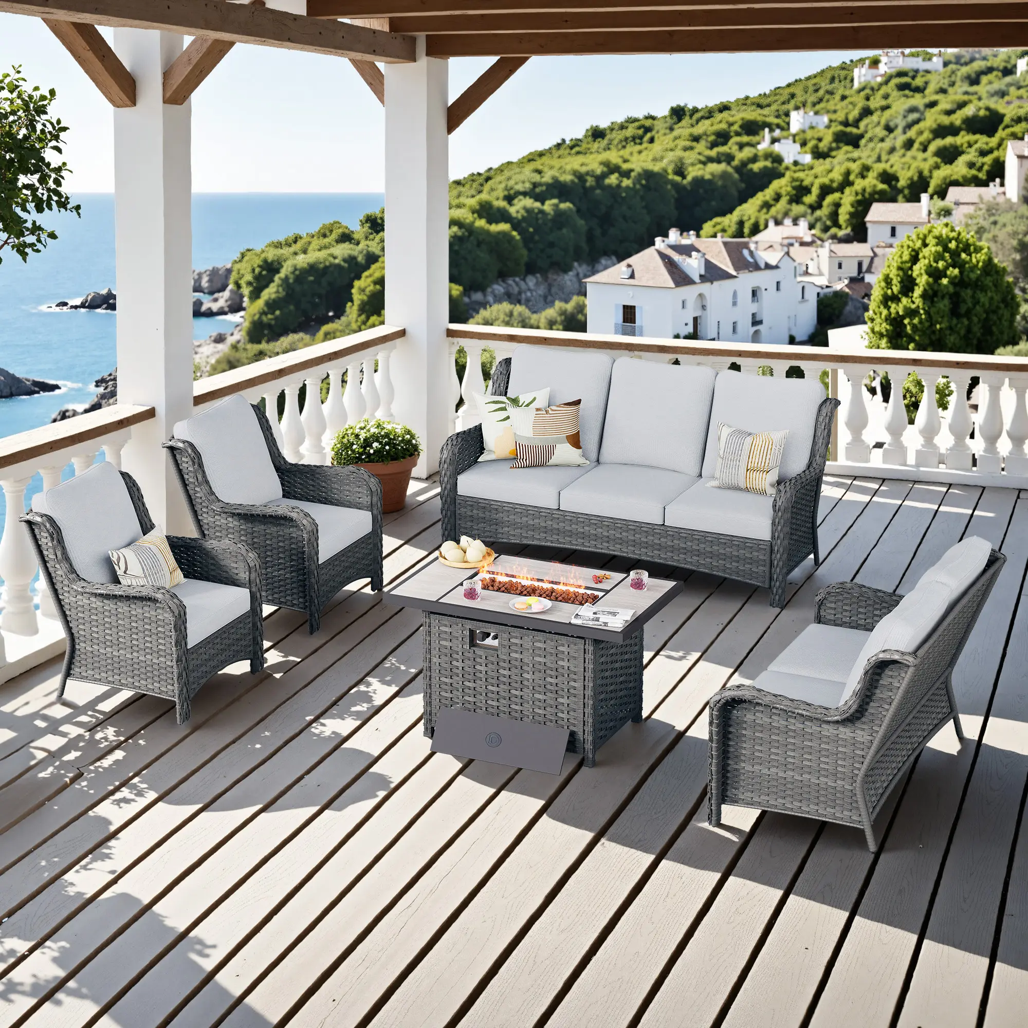 【Summerfinds】OVIOS Kenard 5-Piece Outdoor Patio Conversation Set with 42'' Fire Pit Table & Loveseat, Wicker Sofa Set with Cushions for Backyard Patio Porch Deck Garden Balcony Outdoor Seating Furniture Set