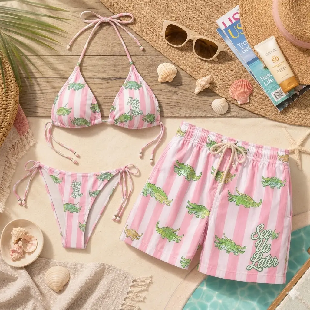 Matching Couples Swimwear Set, Preppy Alligator & Pink Stripe Bikini and Trunks, His & Hers Vacation Outfit, Preppy Pink Striped Alligator Swim Set, Matching Couple Bathing Suits, Whimsical Summer Beachwear