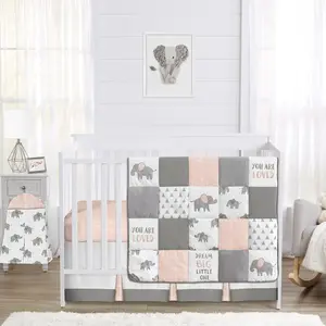 Sweet Jojo Designs Blush Pink, Grey and White Watercolor Elephant Safari Baby Girl Crib Bedding Set - 4 pieces