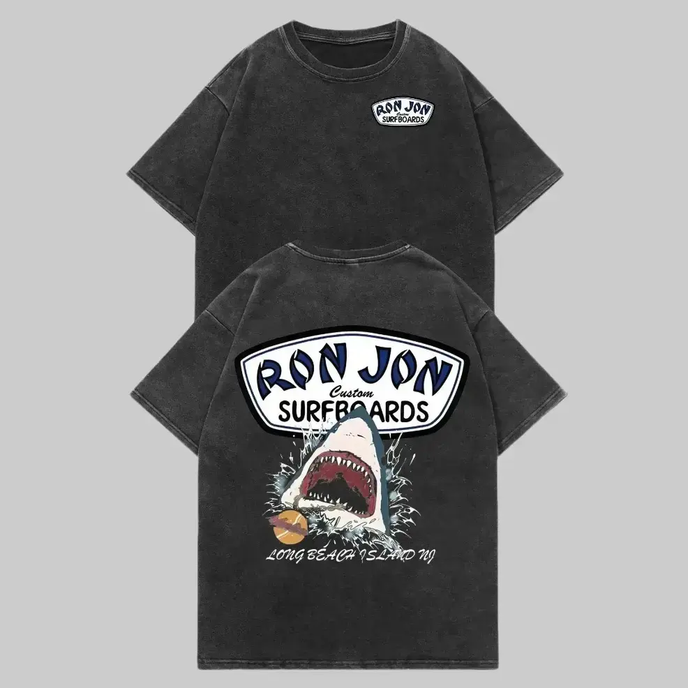 Vintage Acid Mineral Wash Grey Oversized Tee, Coastal Grunge Skater Aesthetic Ron Jon Surfboards Great White Shark Graphic Shirt, Long Beach Island NJ Retro Summer Beach Outfit, Heavyweight Cotton Trendy Unisex Streetwear For Men, Perfect Independence Day