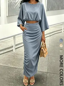 Effortless Casual Two-Piece Set | Batwing Sleeve Loose Top & Mid-Rise Draped Maxi Skirt for Women, Non-Linen Non-Stretch Fabric with Single Pocket, Summer Vacation Boho Outfit & Everyday Wear