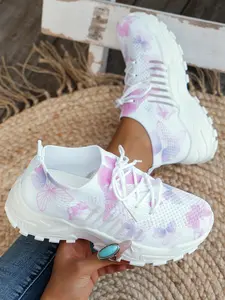 Women's Fashionable Floral Print Lace Up Walking Shoes, Casual Comfortable Breathable Sports Running Shoes, Female All-match Round Toe Sneakers for Daily Wear