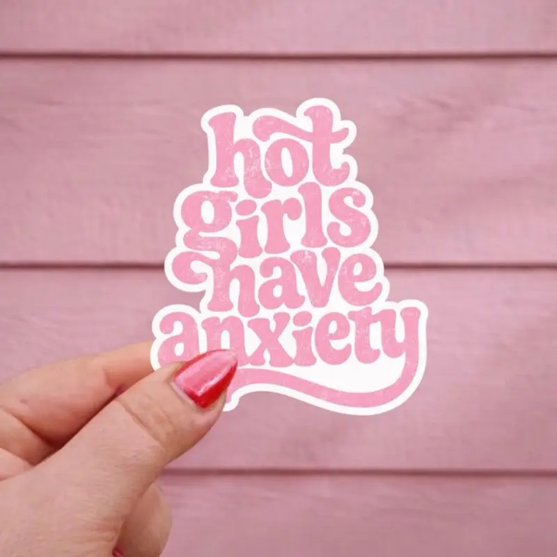 Hot Girls Have Anxiety Sticker, Funny Mental Health Vinyl Sticker, Retro Groovy Pink Aesthetic, Waterproof Laptop Water Bottle Decal