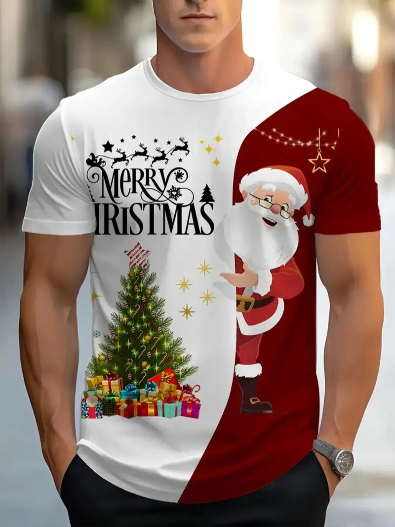 Men's Christmas Santa & Merry Xmas Print T-Shirt, Holiday Street Style Round Neck Short Sleeve Tee, Durable Washable Fabric