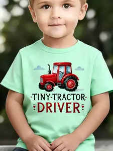 Boys' Summer Breathable & Comfortable "Little Tractor Driver" Cartoon Print (3-12Y) Casual Sports T-Shirt