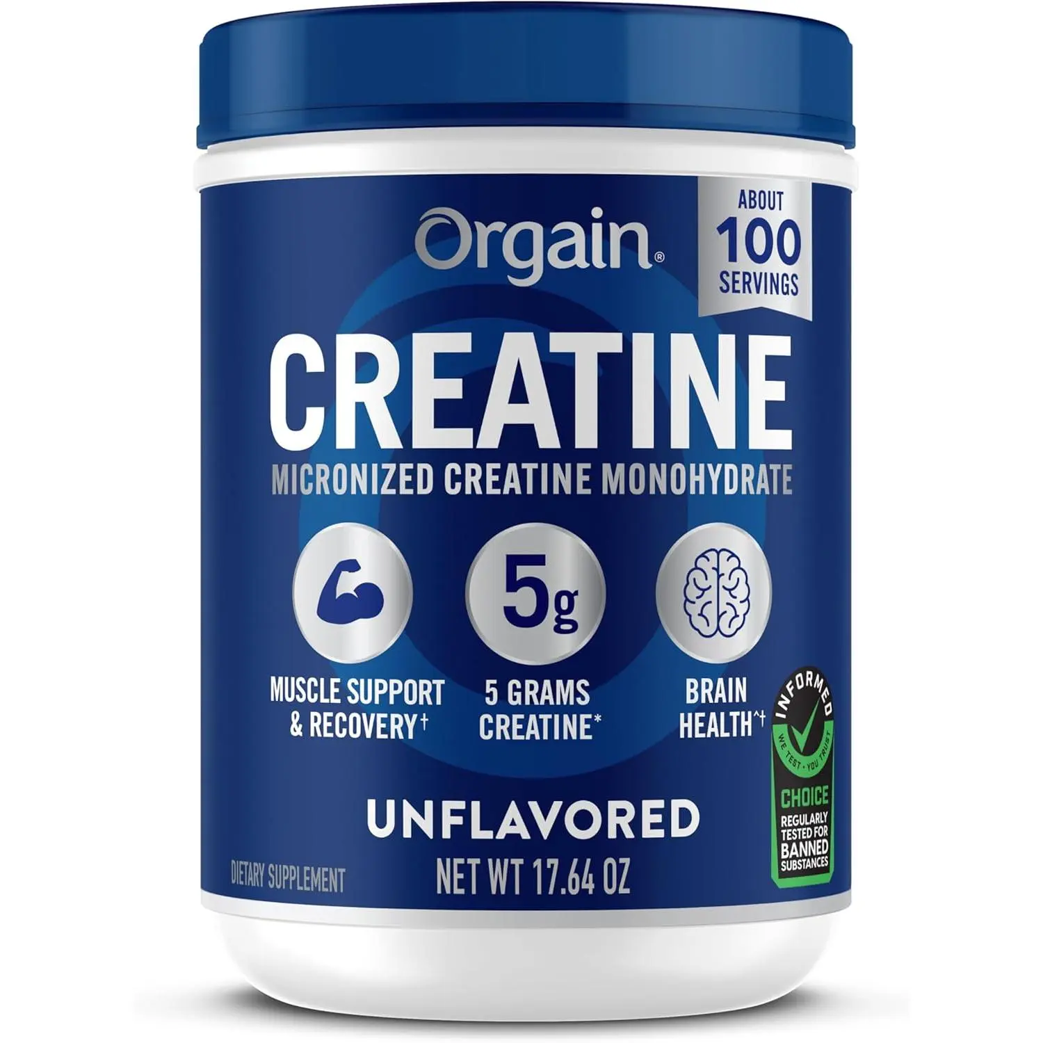 Orgain 5g Creatine Monohydrate Micronized Powder, Unflavored, 100 Servings | Creatine to support muscle growth, post workout recovery & brain health, no artificial additives, non-GMO, 17.64oz Supplement Fitness