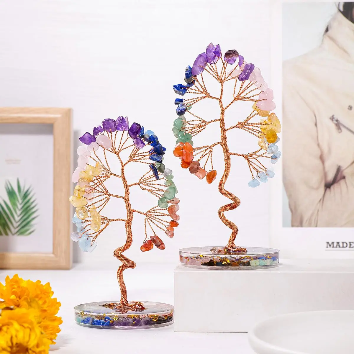 7 Chakra Natural Crystal Tree Figurine for Healing Energy, Feng Shui Luck Amulet for Home & Office Decor Ornaments, Unique Gift for Wellness, Happiness