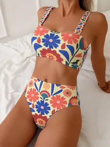 Women's Colorful Print Wide Strap High Waist Two-Piece Sexy Vacation Beach Bikini Swimwear, Floral Swimsuit, Stylish Swimsuit for Summer