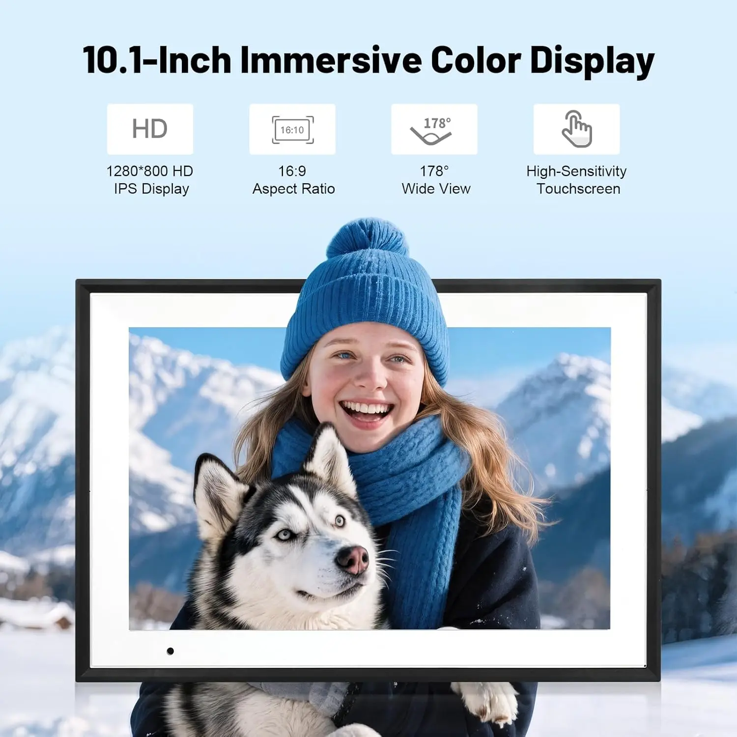 10.1 Inch Digital Photo Frame, 1280×800 HD IPS Touch Screen Digital Picture Frame, Built-in 32GB Storage, Auto Rotation & Simple Setup, Share Photos & Videos Remotely via aiMor App, Black