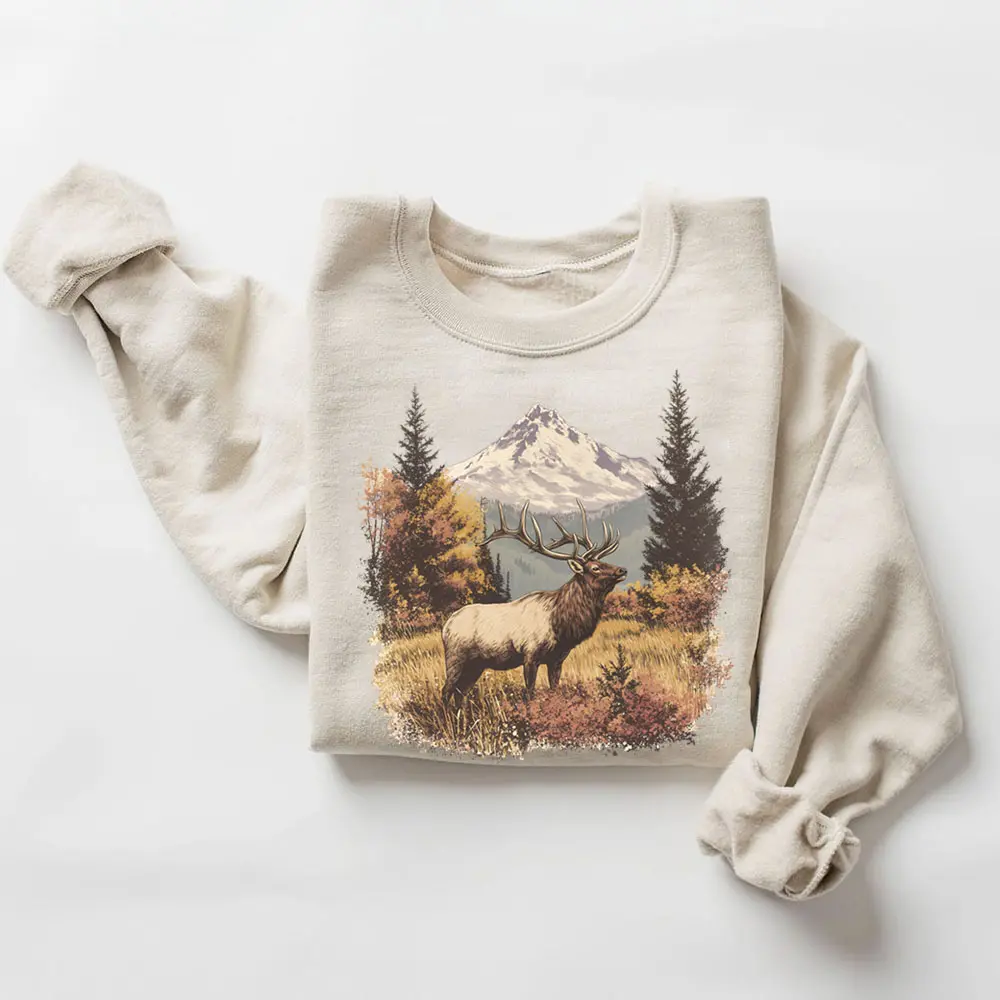 Vintage Elk Sweatshirt, Unisex Retro 90s Crewneck, Casual Cotton Polyester Graphic Top for Fall