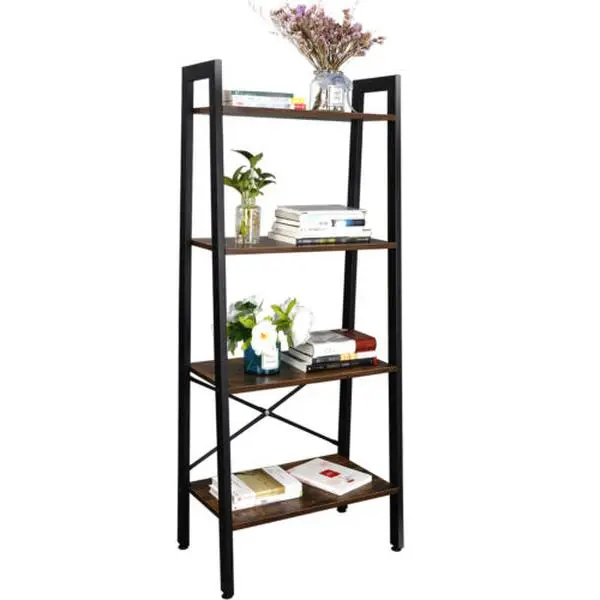 JupiterForce 4-Tier Rustic Brown Multifunctional Metal Frame Bookshelf - Ladder Shelf with Plant Holder for Bathroom, Living Room Storage & Styling Organization