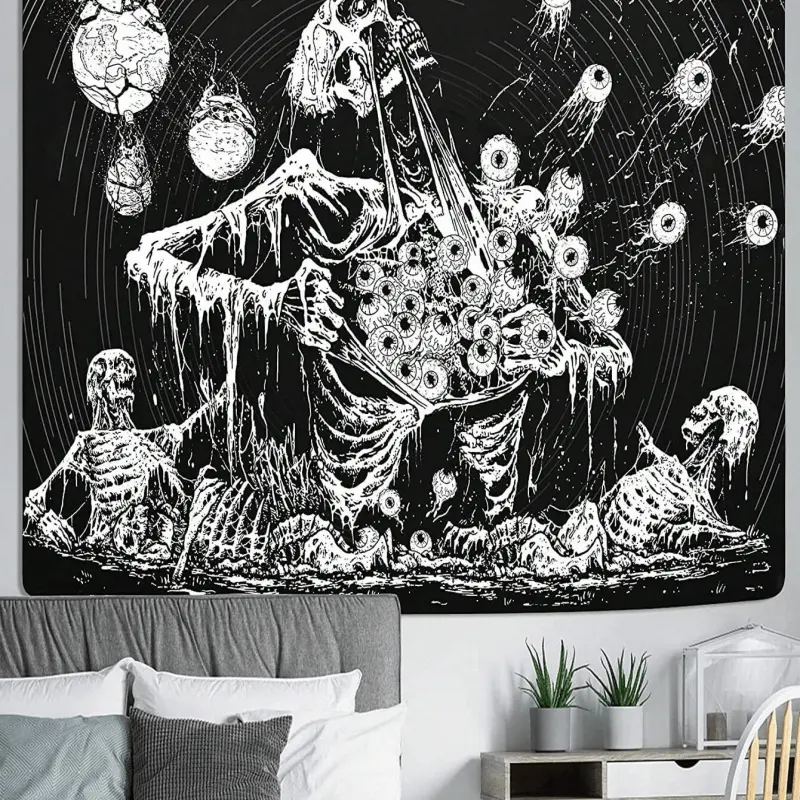Gothic Skull Wall Tapestry Black White Cosmic Design, Skeletons Planets, Easy Hanging Decor for Living Room Bedroom Office Party, Celestial Ceiling Background Art