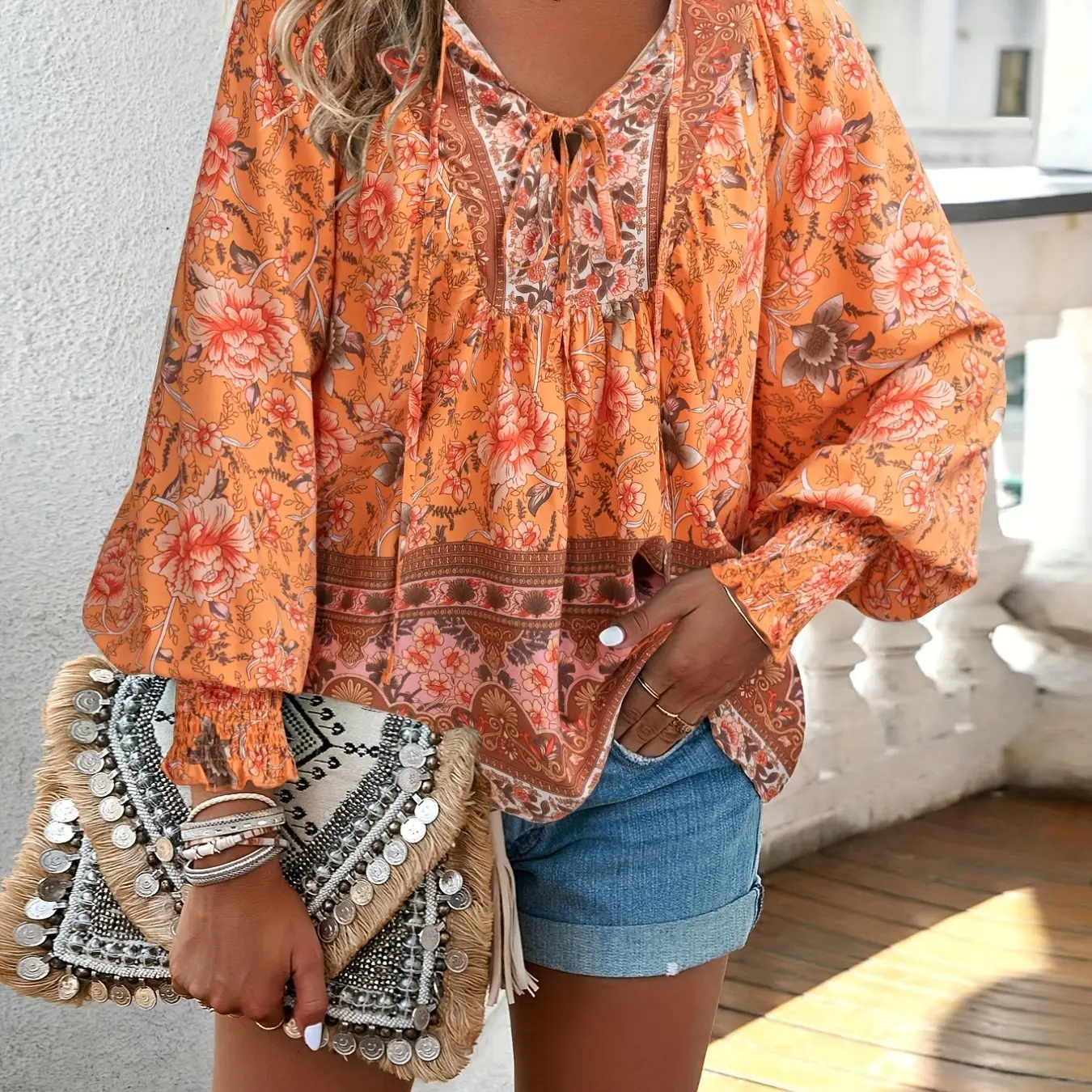 Cuffed Sleeves-Orange Print