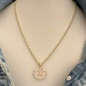 Carolina Bloom 14k Gold Plated Pave Mother of Pearl Clover Pendant Necklace with Elegant Chain