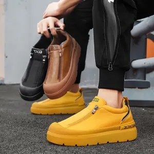 Men's Platform Zip-Up Casual Shoes, Non-Slip Chunky Sole Sneakers, Waterproof Leather-Look Loafers, Fashion Comfortable Walking Shoes for Men, Brown/Black/Yellow